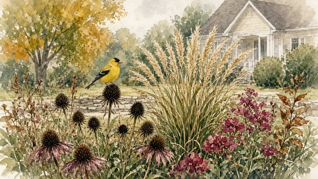 Illustration of a fall bed with seed heads left standing for birds