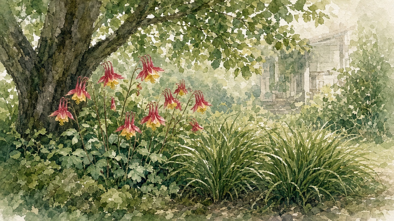 Illustration of wild columbine and sedge under a tree