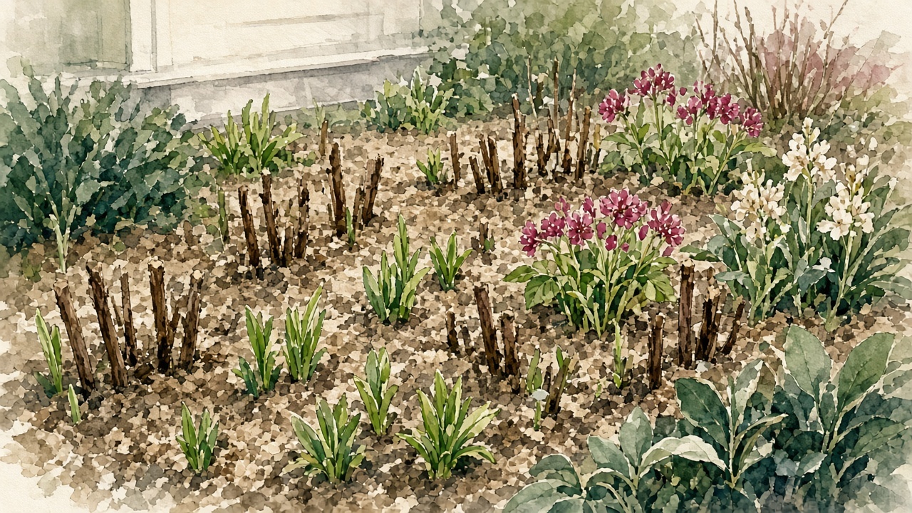 Illustration of a spring cutback of last year's stems