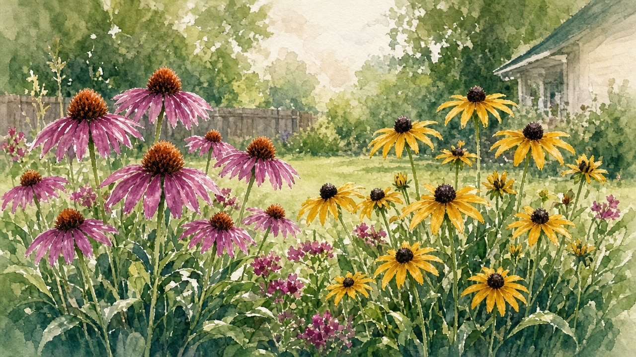 Illustration of coneflowers and black-eyed Susans in full sun