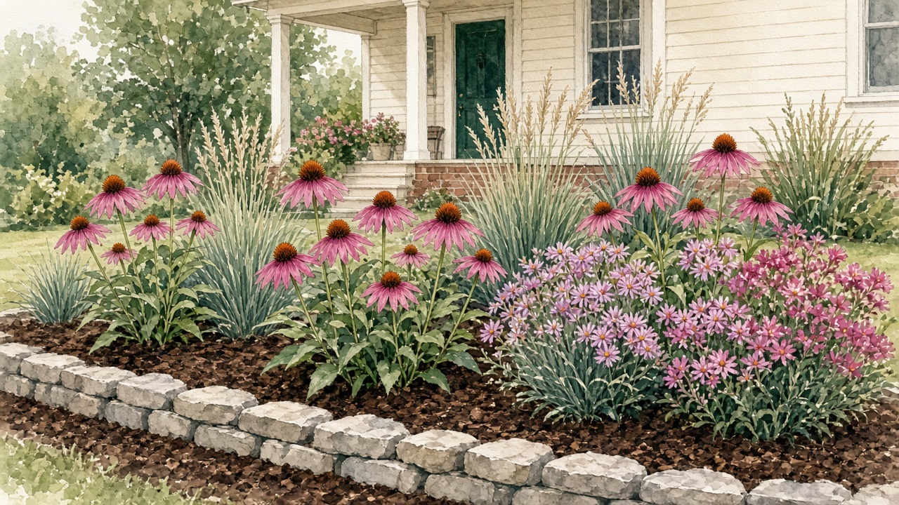 Illustration of a tidy flower bed with native plants